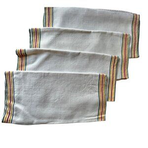 4 Vintage White Linen Cotton Dishtowels Yellow Red Green Stripes 33x17